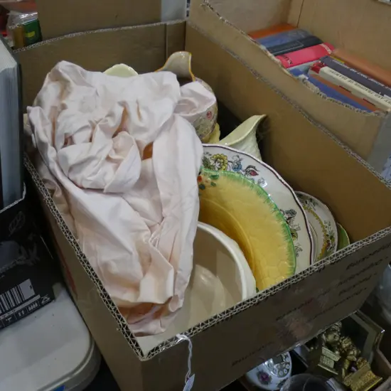 BOX ASST VINTAGE CHINA INCL CROWN DEVON, CARLTON WARE ETC.