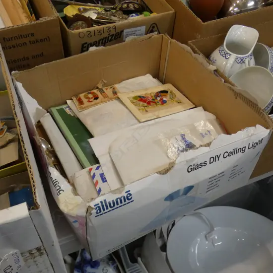 BOX OF STAMPS ETC. INC MODERN PACKS, LOOSE STAMPS + 2 FINE EMBROIDERED PANELS 