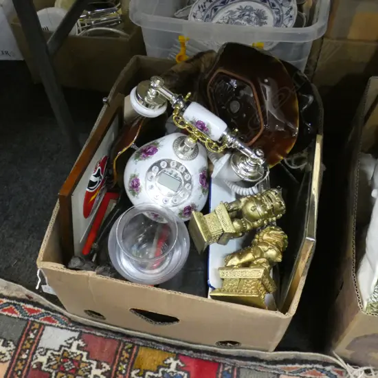 BOX LOT LEATHER MAORI PORTRAITS, ARTWORKS, EP, RESIN AFRICAN FIGURES, PR GOLD RESIN FU DOGS, VINTAGE STYLE TELEPHONE ETC