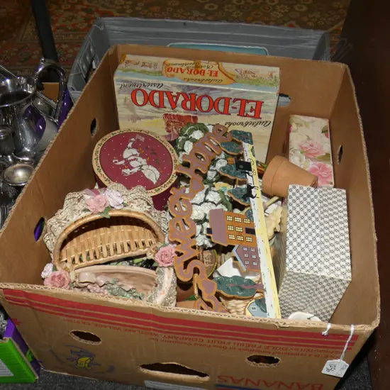 BOX MISC INCL OLD BOXES SOME WITH CONTENTS, TOPIARY TREE ORNAMENTS ETC..