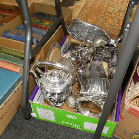 BOX LOT ASST. EPNS; SPIRIT KETTLE, COFFEE POT, GONG ETC