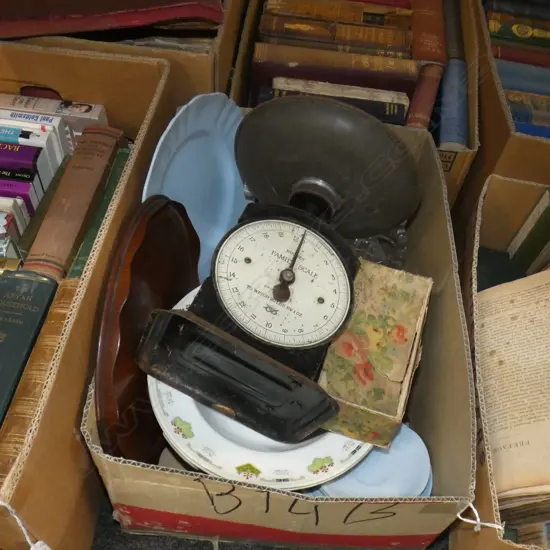 BOX LOT ASST. CHINA & CRYSTAL + OLD KITCHEN SCALE EX HIGHWIC HOUSE