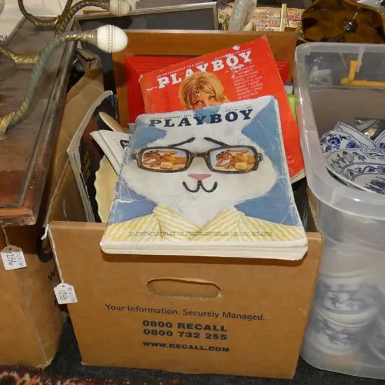 BOX LOT VINTAGE PLAYBOYS, GLOBE, FRAMED BANKSY PRINTS