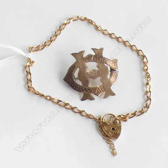 9CT GOLD JEWELLERY; OLD BADGE, LOCKET BRACELET 6.2 GMS