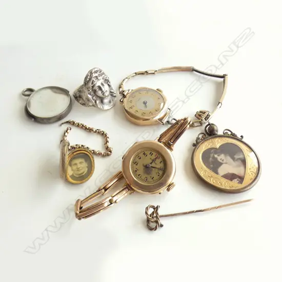 2 ANTIQUE 9CT GOLD WATCHES + ASST. GOLD? + 2 PENDANTS & RING