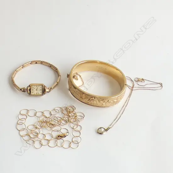 9CT GOLD NECKLACE w. 9CT PEARL PENDANT 1.6 GRAMS + GOLD FILLED NECKLACE, BANGLE & WATCH