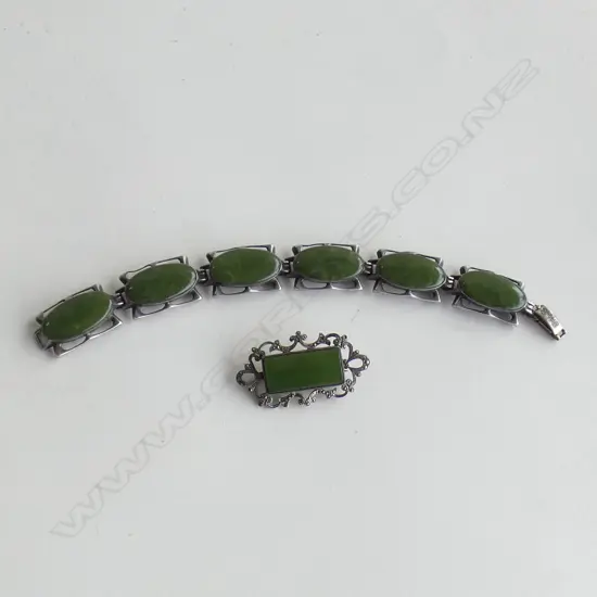 SILVER & GREENSTONE ? BRACELET &  GREENSTONE BROOCH