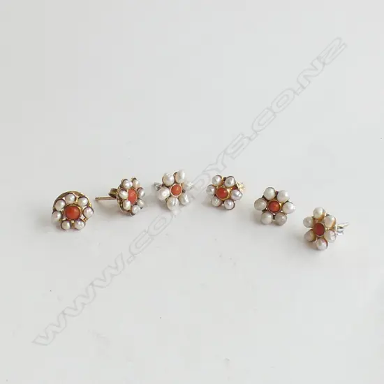 3 PRS SILVER & PLATED CORAL & SEED PEARL CLUSTER STUD EARRINGS