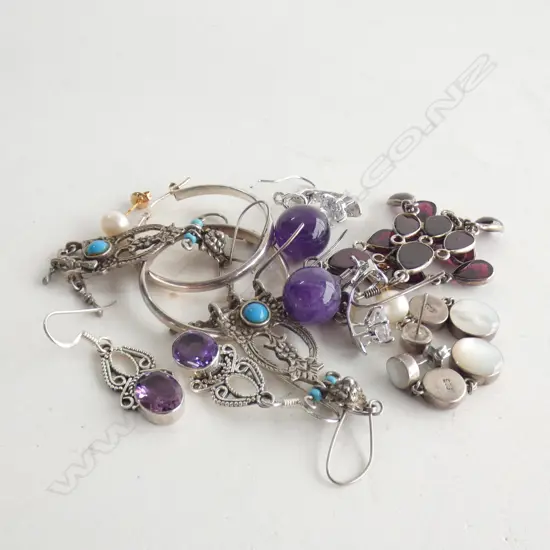 8 PRS ASST. EARRINGS; STG, AMETHYST, MOP, PEARL ETC