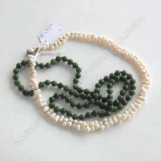 2 NECKLACES; FRESHWATER PEARL & GREEN STONE L.720 