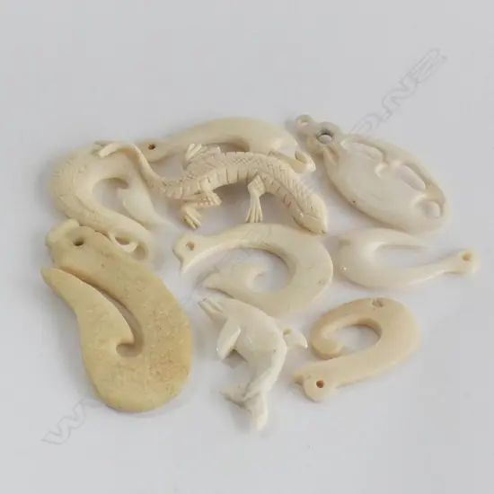 EIGHT ASST CARVED BONE NEW ZEALAND PENDANTS, LARGEST 30 x 60mm