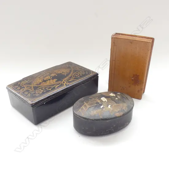 3 SNUFF BOXES; 2x LACQUER L.110mm, 1 TREEN AS A BOOK