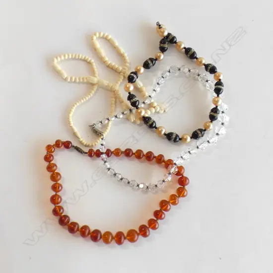 4 VARIOUS VINTAGE BEAD NECKLACES. BONE CYRSTAL ETC