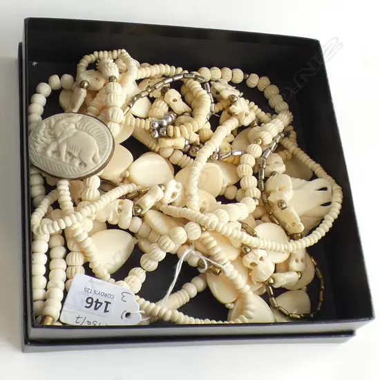 THREE OLD BONE NECKLACES, LONGEST 960mm