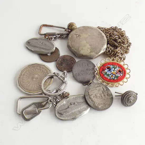 BAG VINTAGE KEY RINGS; COINS, BADGES ETC. + CHAIN & MOSAIC BROOCH