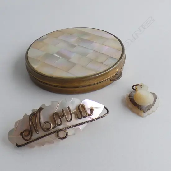 MOTHER-OF-PEARL HEART PENDANT + 'MOVA' BROOCH + COMPACT