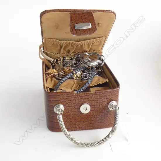 BROWN FAUX ALLIGATOR JEWELLERY CASE + ASST. COSTUME NECKLACES