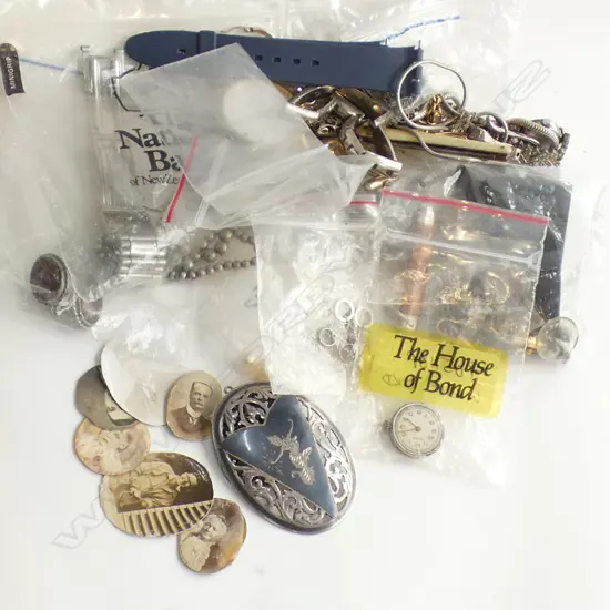 BOX ASST OLD JEWELLERY SILVER. CUFF LINKS. WATCHES ETC