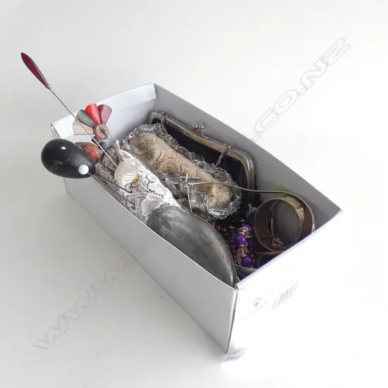 ASST. COSTUME NECKLACES, BANGLES, HAT PINS IN SHOE, 2 EVENING BAGS