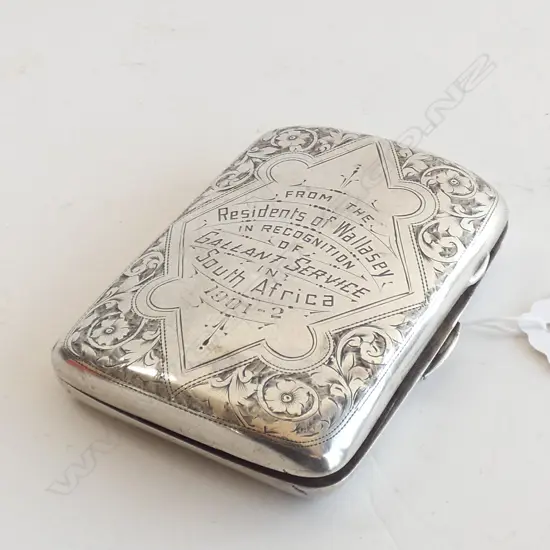 SILVER CIGARETTE CASE ENGR. FOR SERVICE IN STH AFRICA to TPR E BLACKBURN 21st IMPL. YEO.1901-02. CHESTER ASSAY 1902