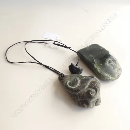 POUNAMU NEPHRITE POLISHED PIECE, 85 x 55mm & STONE PENDANT CARVED ALLOVER w KORU, H.74mm