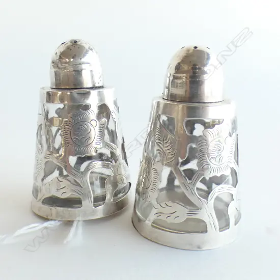 STG SILVER AND GLASS SALT AND PEPPER CONDIMENTS STAMPED STERLING H 60 MM