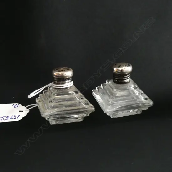 2 ART DECO SILVER TOPPED STEPPED SQUARE PEPPERETTES