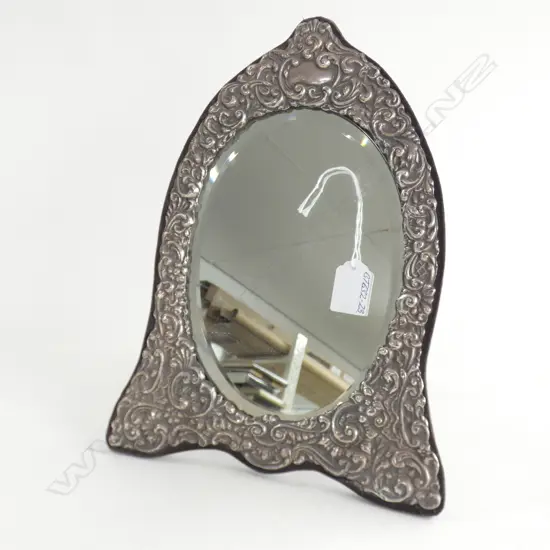 LGE EMBOSSED SILVER FRAMED OVAL MIRROR STRUT BACK H.325mm
