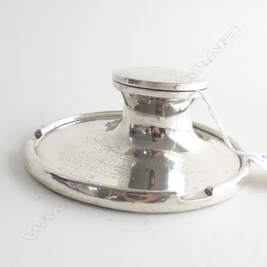 STG SILVER INKWELL COMM. OPENING CARLISLE AIRPORT ENGRAVED NAMES OF MEN ON CIVIC FLIGHT - BIRM '33 WEIGHTED BASE...