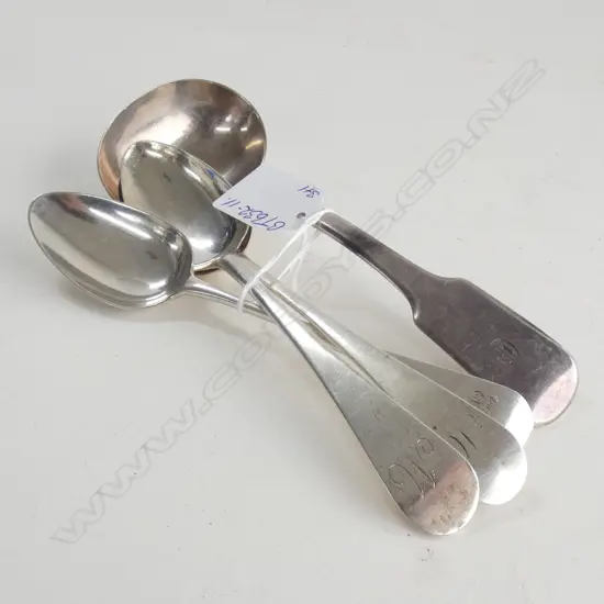 4 GEO.III SILVER SPOONS. LADLE + 3 TEASPOONS 153gms