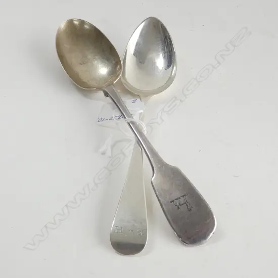 2 SILVER TABLE SPOONS. GEO.III L.1814 + VICT. DUBLIN 1859 129gms