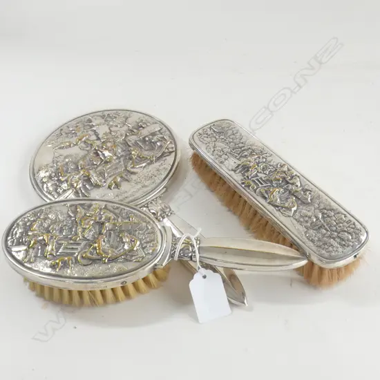 3 PCE 'DENMARK' FANCY S/PLATE VANITY SET MIRROR & 2 BRUSHES