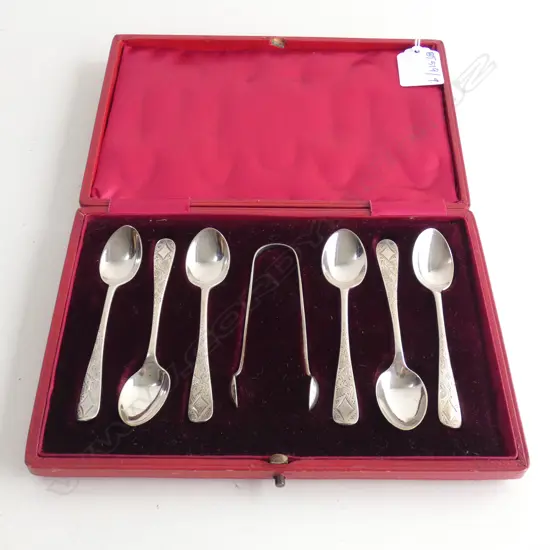 6 STG SILVER TEASPOONS & TONG SET, CASED 65 GRAMS
