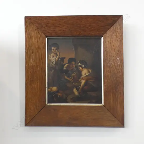 LATE 19TH CENTURY PAINTING ON TIN (AFTER MURILLO) CHILDREN PLAYING DICE 190X160MM