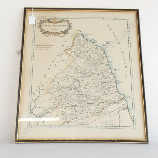 FRAMED PRINTED MAP OF NORTHUMBERLAND 480x410mm