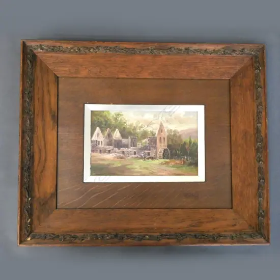 OIL ON BOARD BY ALLEN BOLLARD DEPICTS OLD RUINS