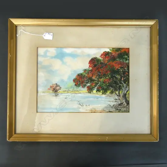 W/COLOUR DEPICTS POHUTAKAWA IN A COASTAL SETTING 240X340MM