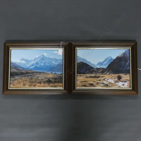 JUNE BRUNSDON, 2 VIEWS OF MT. COOK, OILS ON BD, SIGNED & DATED '87. EA.  215 x 295mm