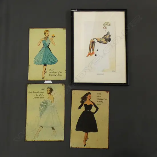 3 VINTAGE STYLE TIN FASHION PLATES; DIOR ETC 280x190mm + DECO PRINT 'HARLEQUINADE' 