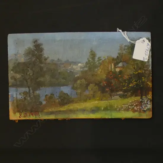 1910 CONIAL OIL PAINTING ON CIGAR BOX LID COASTAL TOWN SCENE BY E.D.1910. 140x230mm