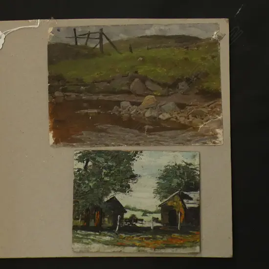 2 OLD SMALL OIL PAINTINGS RIVER SCENE & FARM BUILDINGS