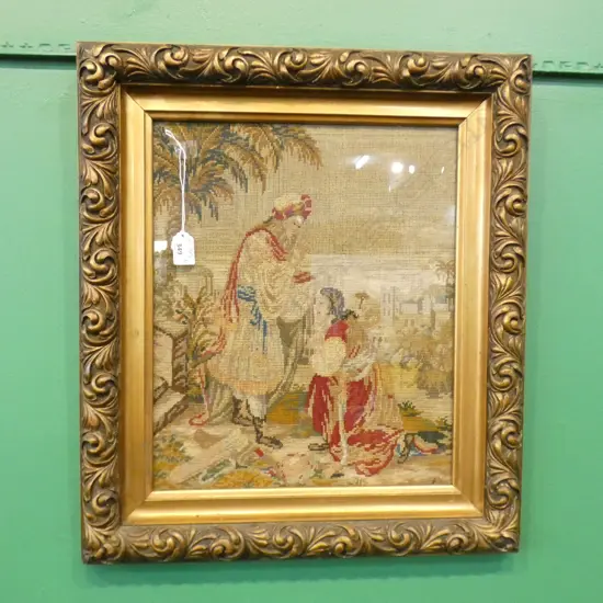 FRAMED TAPESTRY. DEPICTS MIDDLE EASTERN SCENE 340X330MM