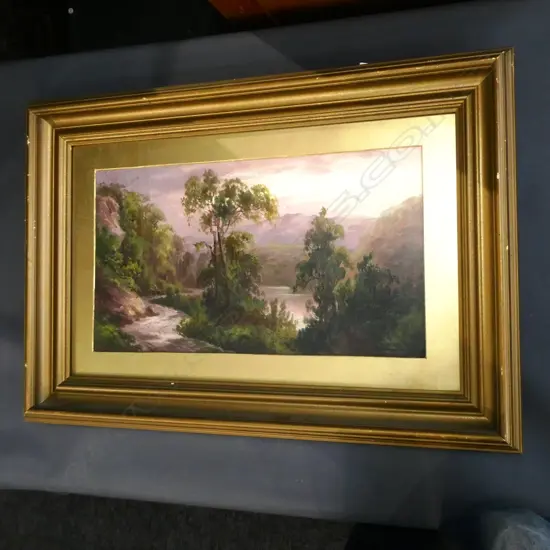 OIL PAINTING EARLT 20TH CENTURY BY ALLEN BOLLOND. DEPICTS NZ RIVERSIDE ROAD 265X480MM