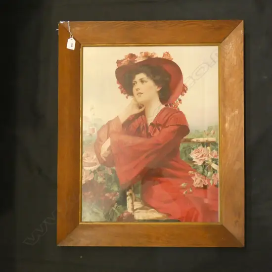 EDWARDIAN CHROMOLITHOGRAPH LADY IN RED DRESS 560x435mm, OAK FRAME