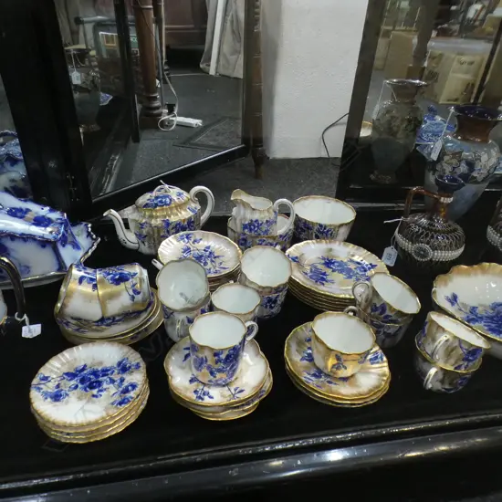 LARGE ROYAL DOULTON TEA SET; TEAPOT, 2 BOWLS, JUG, 3 CUPS, ASST. SAUCERS