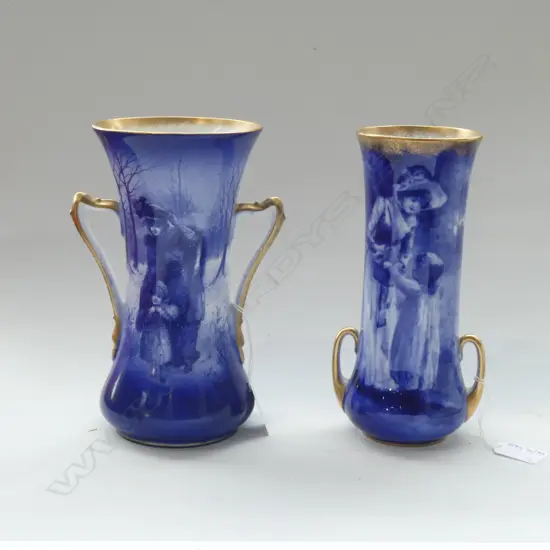 2 ROYAL DOULTON BLUE CHILDREN VASES; EACH 2 HANDLED, 1 RESTORED H.210mm