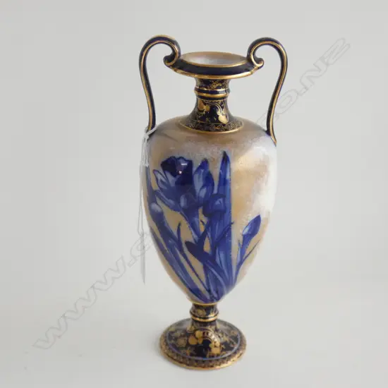 ROYAL DOULTON BLUE IRIS TWO HANDLED VASE, CLASSICAL OVOID FORM H.230mm
