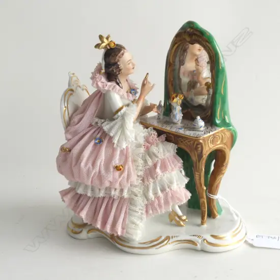 DRESDEN FIGURINE; LADY AT DRESSING TABLE H.190mm SOME FAULTS