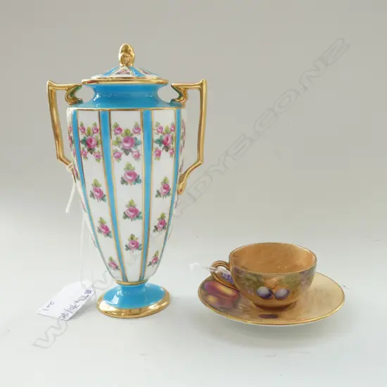 SMALL LIDDED MINTON URN & ROYAL WORCESTER MINI CUP & SAUCER BY ROBERTS AF TO VASE BASE