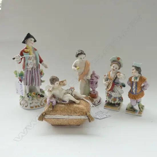 4 ANTIQUE FIGURINES; PR + 2 MALE FIGURES + 19thC MEISSEN LIDDED BOX w. CHERUB